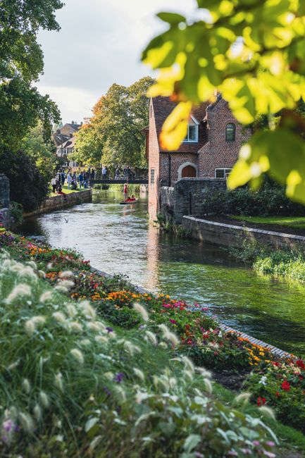A scenic riverside garden featuring lush greenery and colorful flowerbeds along the edge of the River Cray in Crayford. The garden includes well-maintained grassy areas and a variety of trees with bro